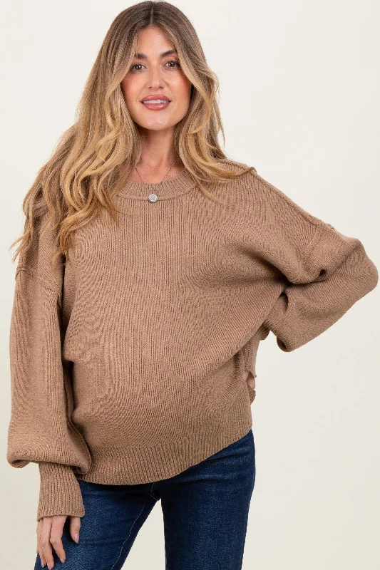 Light Mocha Oversized Basic Drop Shoulder Maternity Sweater Cashmere Blend Cotton Blend Poly Blend