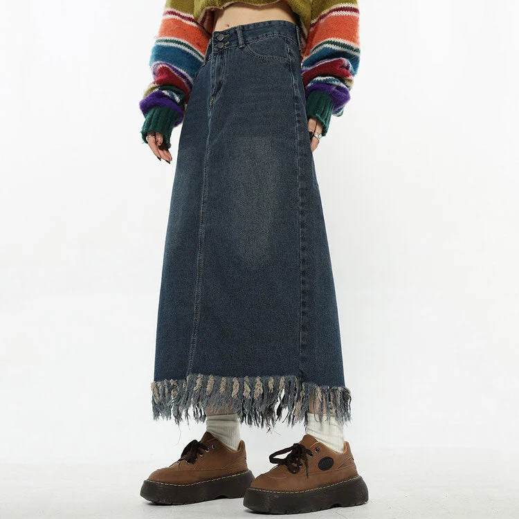 Aesthetic Long Denim Fringe Skirt denim skirt stylish