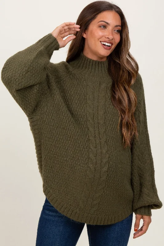 Olive Mixed Chunky Cable Knit Mock Neck Maternity Sweater Chenille Brocade Lace