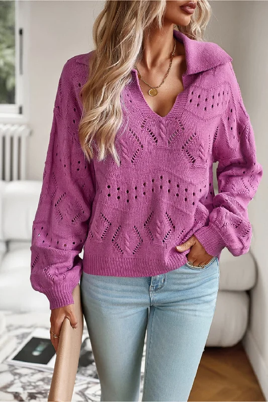 Openwork Long Sleeve Notched Neck Sweater Terry Blend Velvet Blend Canvas Blend