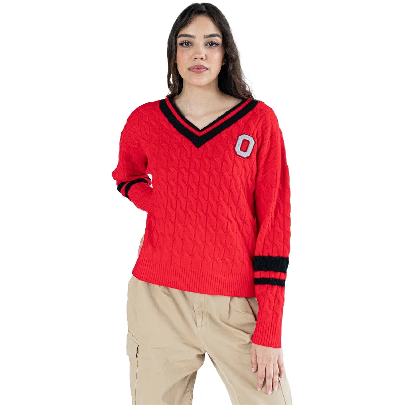 Ladies Ohio State Buckeyes Lusso Cable Knit V-Neck Sweater Elasticated Padded Insulated