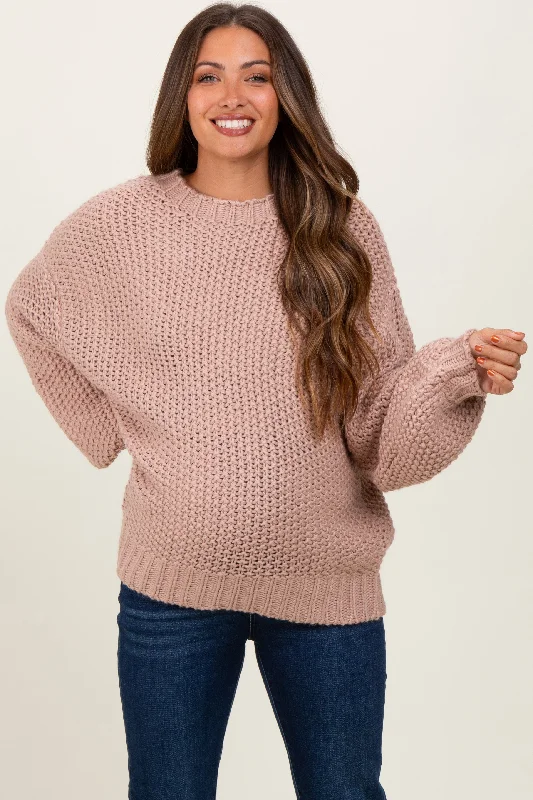 Pink Chunky Knit Oversized Drop Shoulder Maternity Sweater Zippered Front Buttoned Front Snap Front