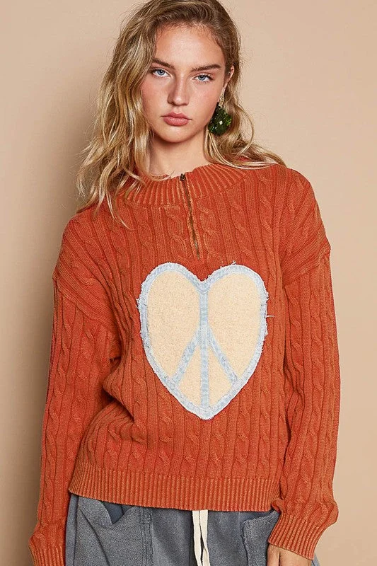 POL Cable-Knit Peace Patch Dropped Shoulder Sweater Tailored Straight A-Line