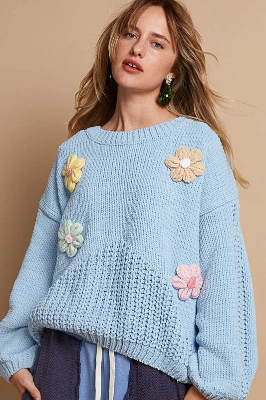 POL Crochet Flower Round Neck Dropped Shoulder Sweater Solid Color Striped Floral Print