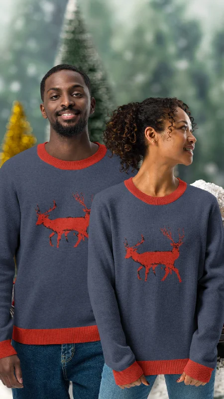 Reindeer Blue Christmas Knitted Crew Neck Sweater Slim Fit Regular Fit Oversized