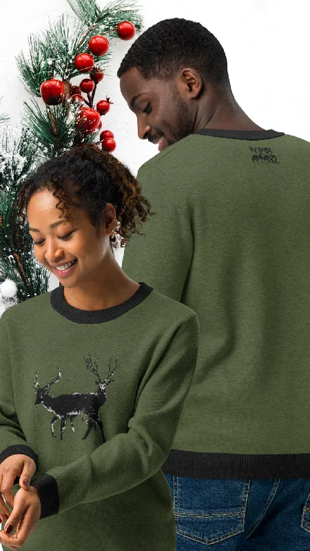 Reindeer Green Christmas Knitted Crew Neck Sweater Terry Blend Velvet Blend Canvas Blend