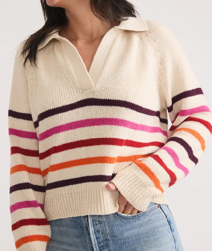 Marine Layer Relaxed Polo Sweater Warm Stripe Bright Pastel Dark