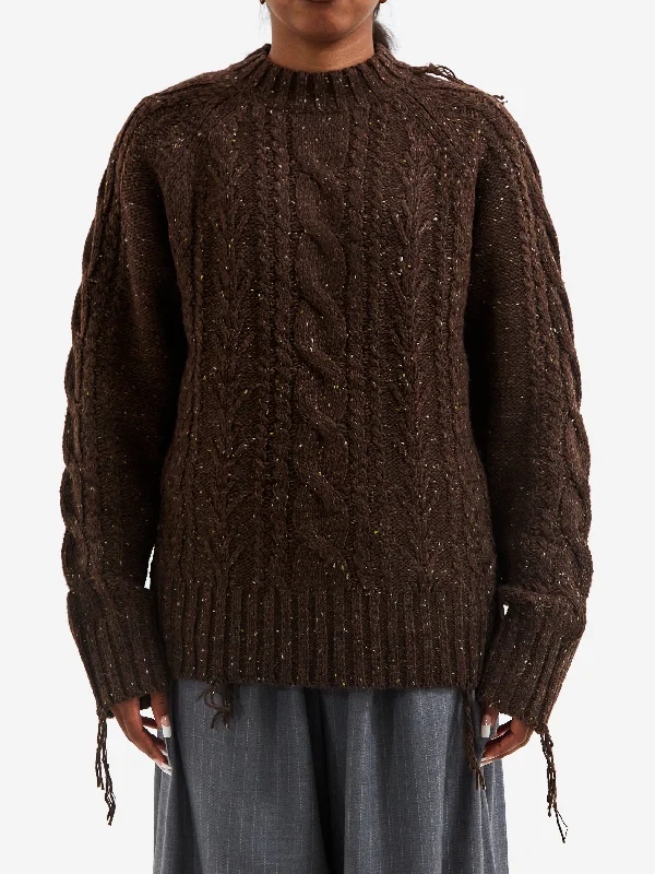 Rhodolirion Fisherman Sweater - Brown Houndstooth Herringbone Solid