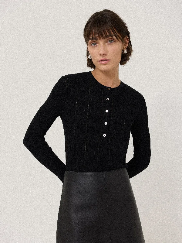 Rib Pointelle Henley Jumper | Black Zippered Buttoned Snapped