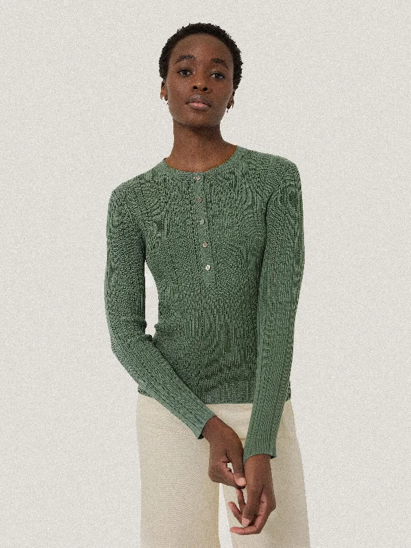 Rib Pointelle Henley Jumper | Green Stretchy Elastic Breathable