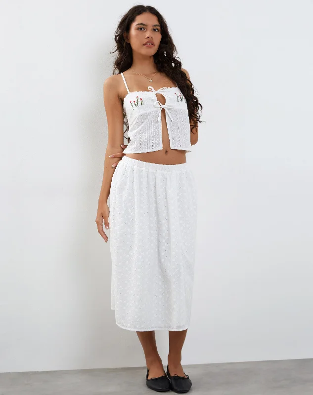 Rusma Midi Skirt in White Broderie velvet skirt rich