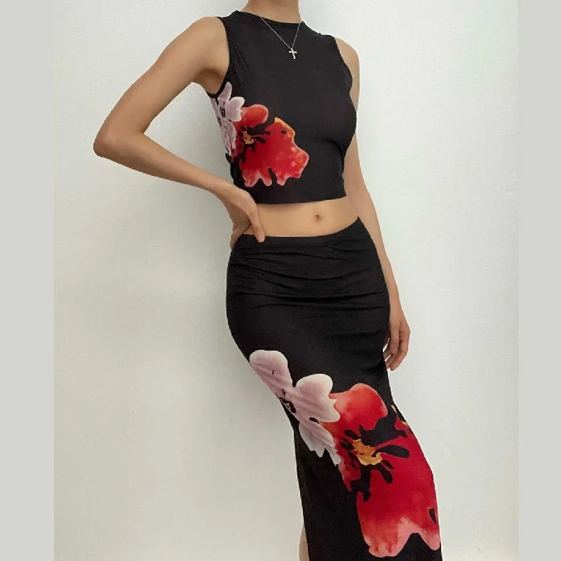 Sheer mesh see through slit flower pattern contrast sleeveless midi skirt set satin skirt smooth