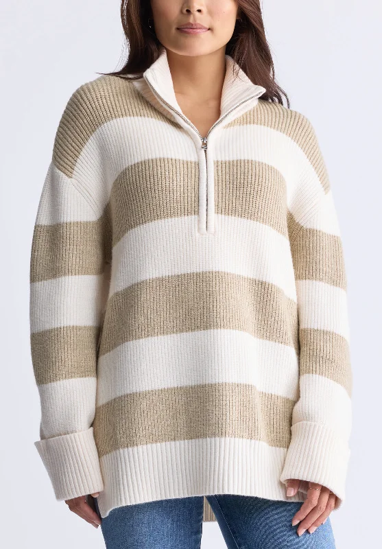 Storme Women's Striped Quarter-zip Oversized Sweater, Tan & White - SW0089H Ribbed Striped Patterned