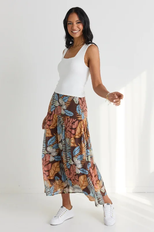 Sway Tropical Chocolate Print Flat Basque Midi Skirt corduroy skirt textured