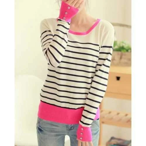 Casual Scoop Collar Striped Color Block Long Sleeve Women's Sweater - Stripe One Size Toggled Drawstring Belted