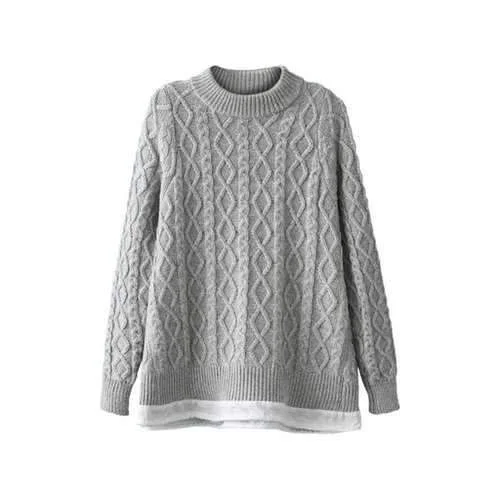 Fashionable Round Neck Splicing Argyle Solid Color Long Sleeve Sweater For Women - Gray One Size(fit Size Xs To M) Fleece Fabric Down Fabric Feather Fabric