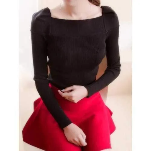 Brief Square Neck Long Sleeves Solid Color Sweater For Women - Black S Thin Thick Dense