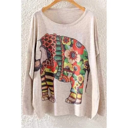 Fashionable Scoop Neck Colorful Elephant Print Long Sleeve Sweater For Women - Off-white One Size(fit Size Xs To M) Striped Floral Plaid