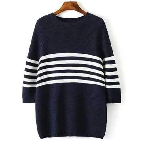 Preppy Style Round Neck Striped 3/4 Sleeve Sweater For Women - Cadetblue S Chenille Brocade Lace