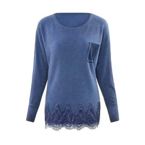 Casual Round Neck Long Sleeve Lace Hem Patchwork Pocket Women's Sweater - Purplish Blue One Size(fit Size Xs To M) Toggled Drawstring Belted