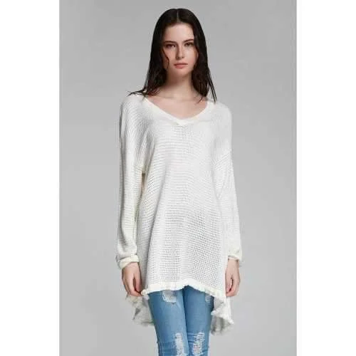 Sweet V Neck Long Sleeve Cut Out Women's Sweater - White L Boat Neck Shawl Collar Notched Collar