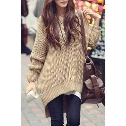 Stylish Hooded Long Sleeve Irregular Hem Women's Oversized Sweater - Khaki One Size(fit Size Xs To M) Toggled Drawstring Belted