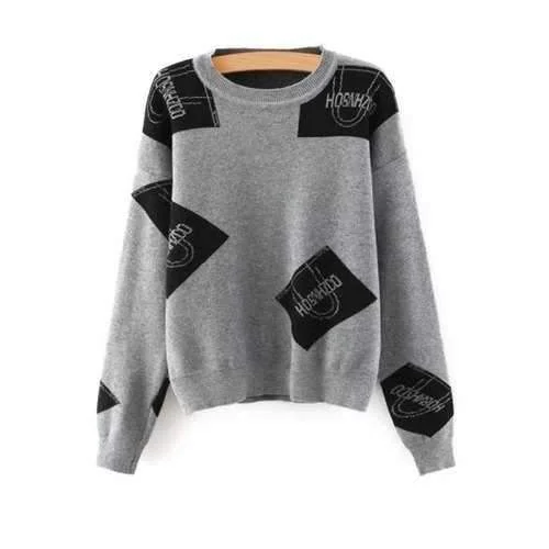 Stylish Round Neck Long Sleeves Color Block Letter Print Women's Sweater - Gray One Size(fit Size Xs To M) Fleece Fabric Down Fabric Feather Fabric