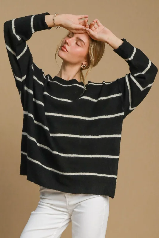 Umgee Wool Blend Striped Round Neck Sweater Boxy Sweater Fitted Sweater A-Line