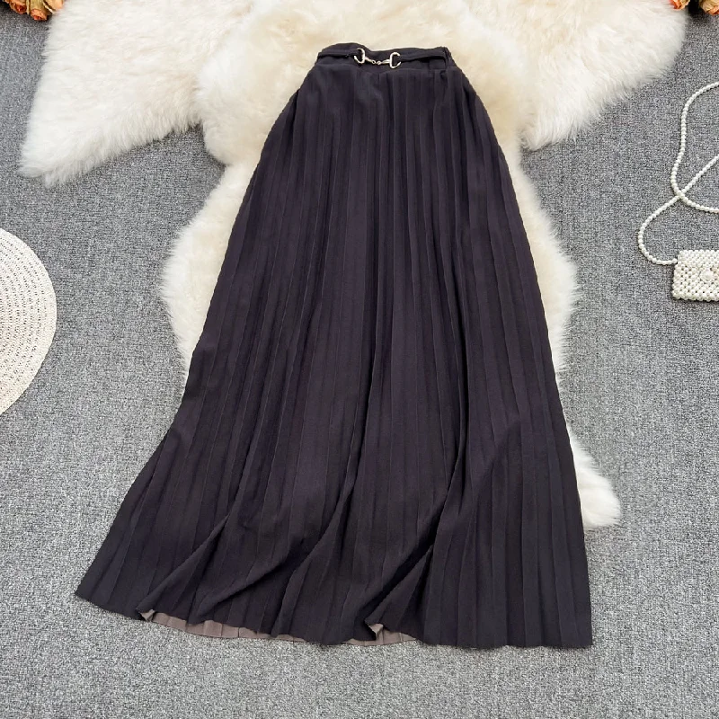 Versatile A-line pleated skirt, elastic waist, medium length, over Knee Skirt  11291 breathable skirt fabric