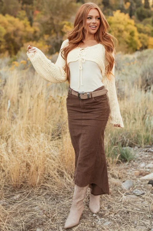 Walnut Corduroy Zip Up Flared Midi Skirt chiffon skirt delicate