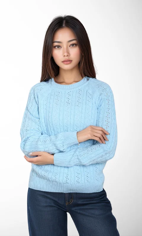 Women Round Neck Sweater (Baby Blue) Lace Blend Ribbed Blend Corduroy Blend