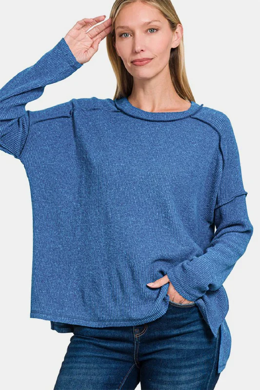 Zenana Full Size Exposed Seam Brushed Round Neck Sweater Machine Wash Dry Clean Hand Wash